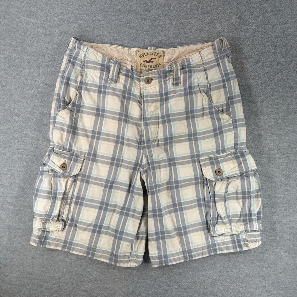Hollister Cargo Shorts Mens 34 Blue White Plaid Casual  Vintage Y2K Skater Boat